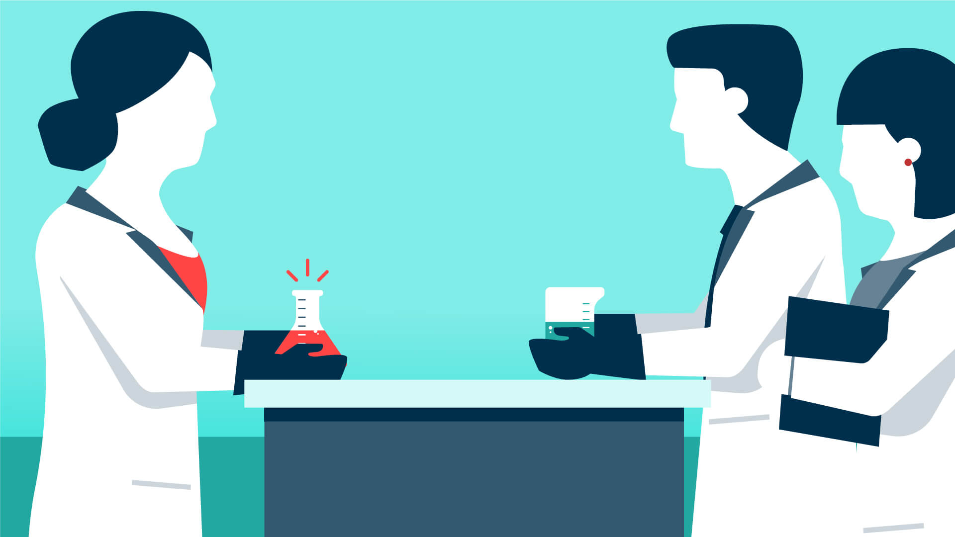 Three scientists in lab coats stand around a lab table. One holds a beaker with red liquid; two others observe, one holding a notepad and the other a beaker. The background is teal and minimalistic.