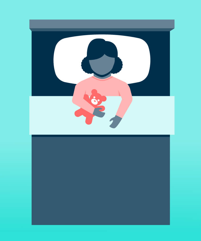 Illustration of a child with curly hair lying in bed, holding a red teddy bear, covered with a light blue blanket, and resting on a pillow against a blue background.