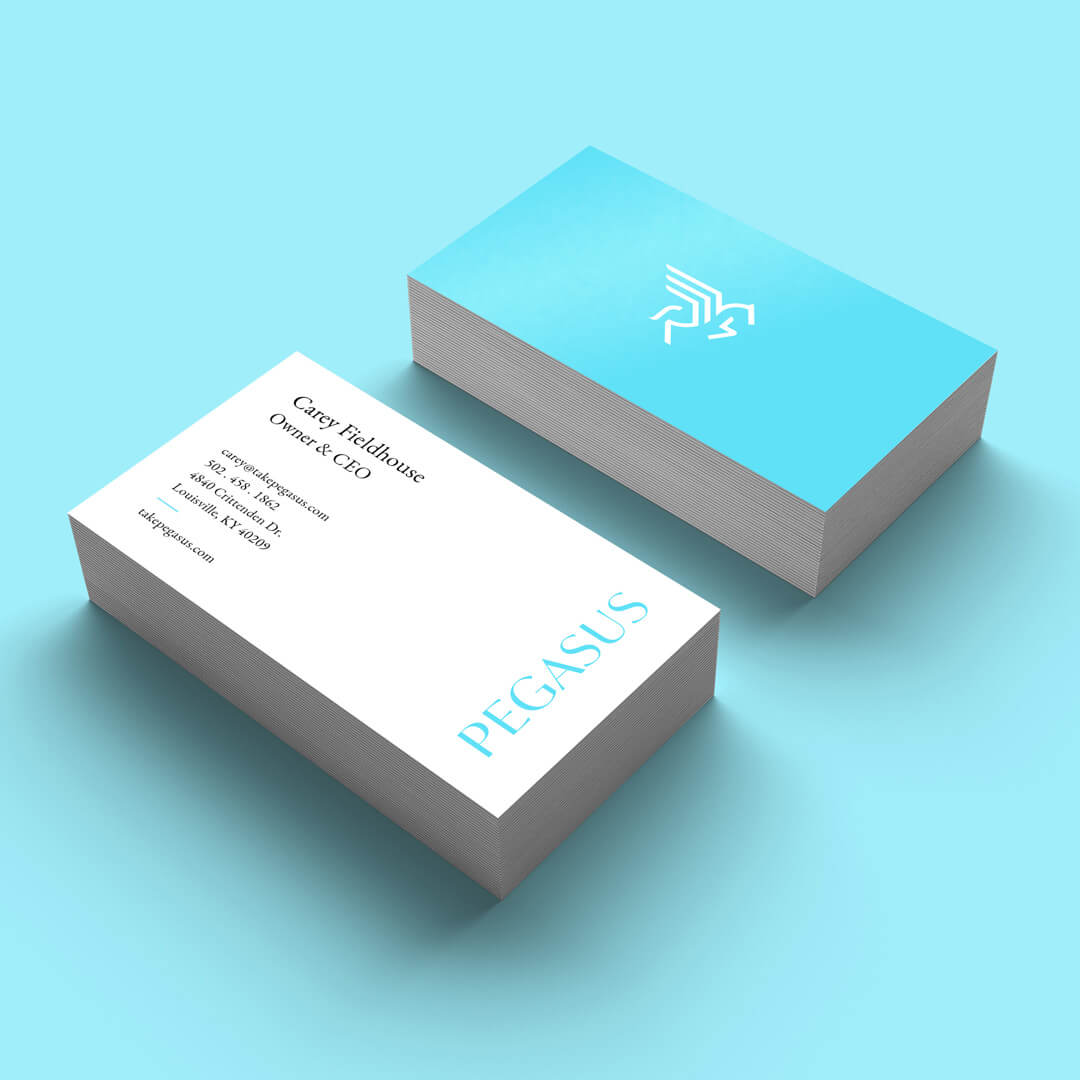 Two stacks of business cards on a blue background; one shows a white card with contact details for Pegasus, the other displays a blue card with a white Pegasus logo.