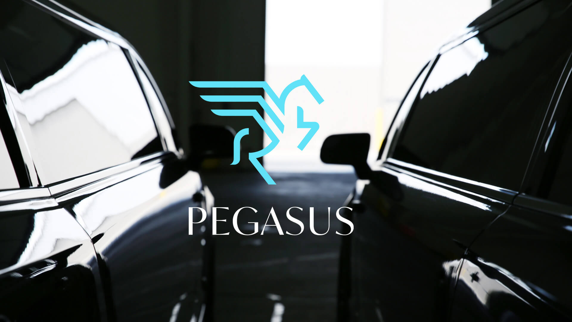 Two dark-colored cars are parked facing each other in a dimly lit area. The center features a stylized blue Pegasus logo above the word PEGASUS in white capital letters.
