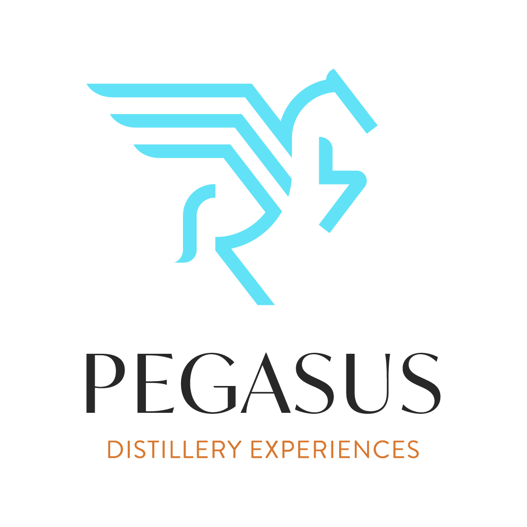 Minimalist blue outline of a winged horse forming a stylized Pegasus above the words PEGASUS in black and DISTILLERY EXPERIENCES in orange on a white background.