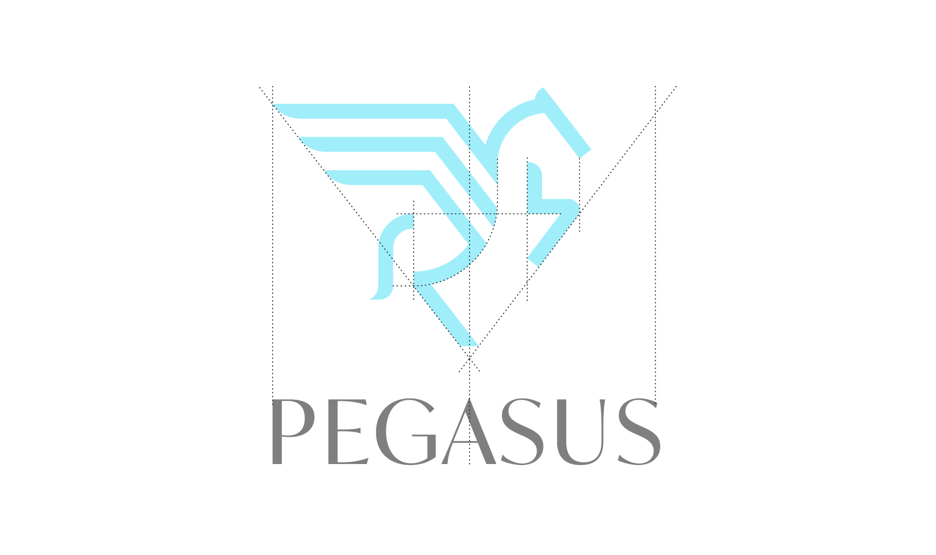 Minimalist light blue Pegasus logo formed by geometric lines, positioned above the word PEGASUS in elegant, gray uppercase font. Subtle grid lines are visible across the image, suggesting a design layout.