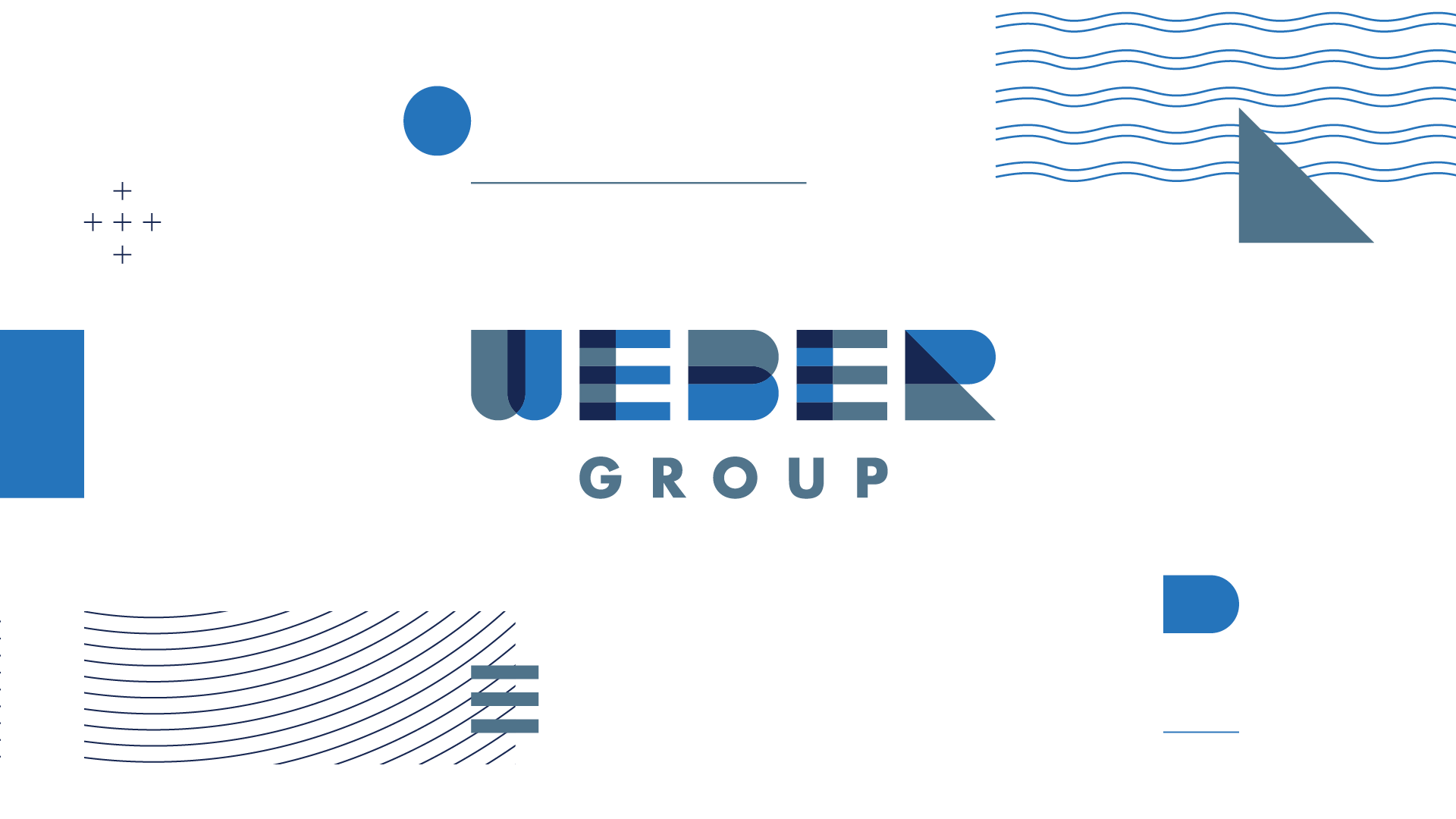 Abstract graphic design with “WEBER GROUP” in stylized blue and gray letters, surrounded by geometric shapes and wavy blue lines on a white background.