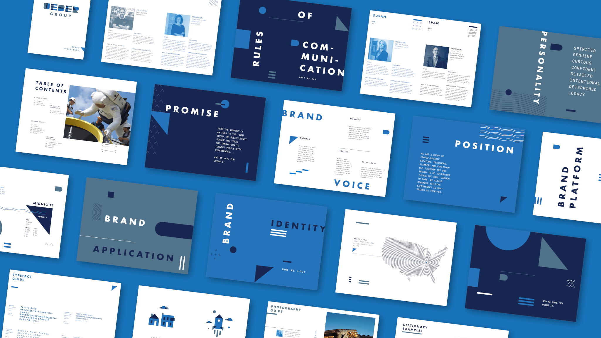 A collection of blue-and-white presentation slides displays text, graphics, maps, and photos, with headings such as “Brand Voice,” “Promise,” “Personality,” and “Rules of Communication” arranged in a grid pattern.