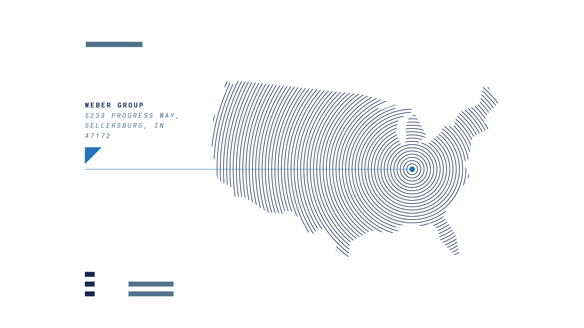 A dark map of the United States with concentric blue circles centered in the Midwest, pointing to text with an address: Weber Group, 5239 Progress Way, Sellersburg, IN 47172.