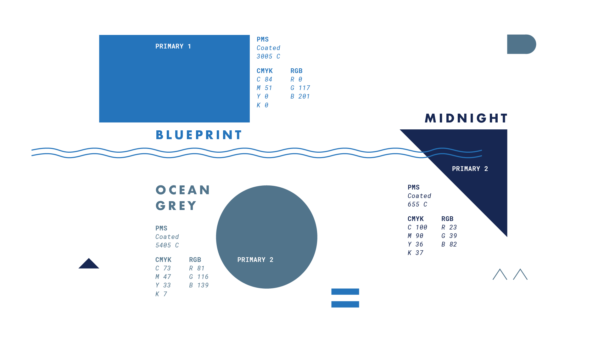 A color palette graphic with labeled swatches: “Blueprint” (blue rectangle), “Midnight” (dark blue triangle), and “Ocean Grey” (large grey circle). Each has corresponding color codes in PMS, CMYK, RGB, and HEX values.