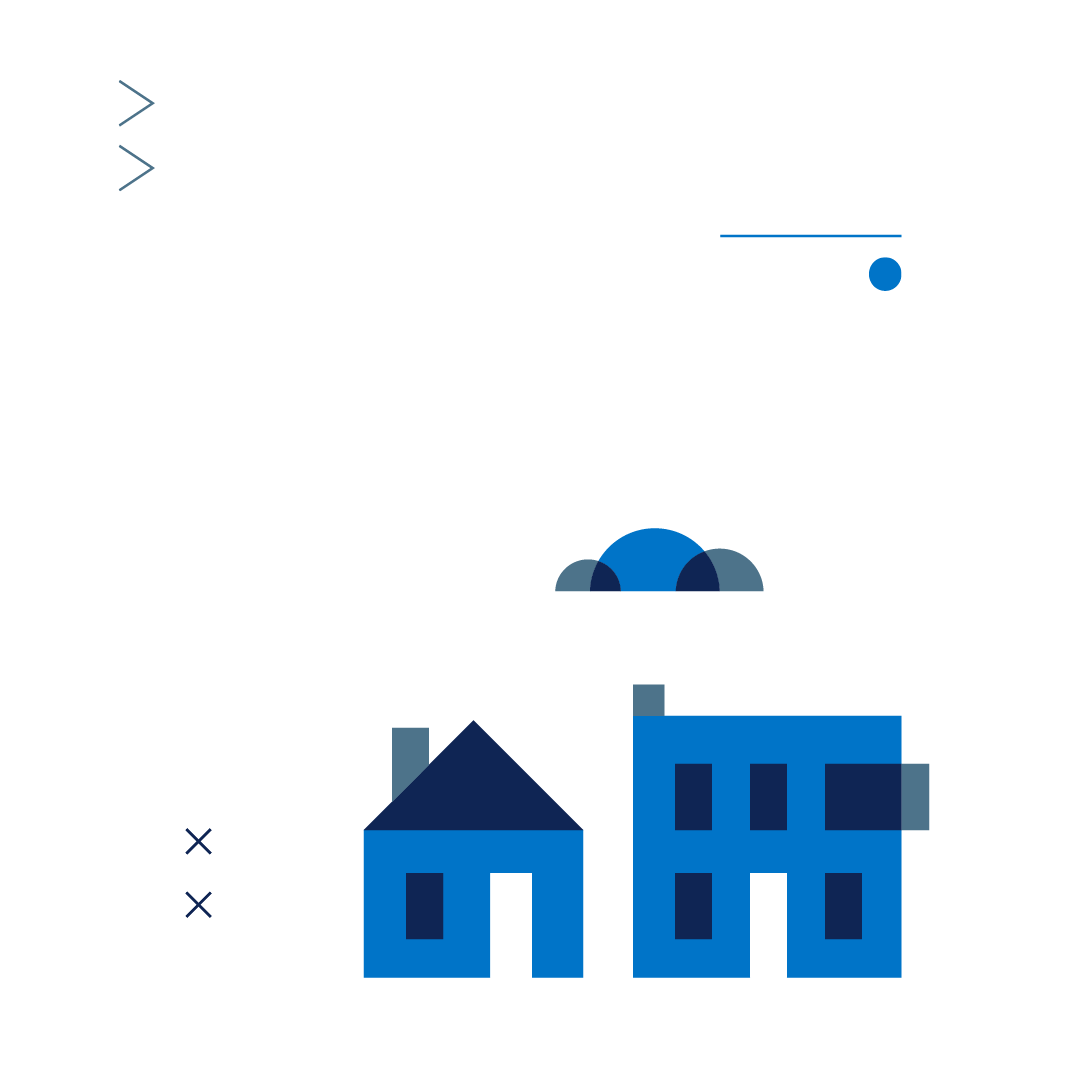 Minimalist illustration of two blue houses, trees, abstract geometric shapes, and a small blue sun or moon on a white background. The image includes simple lines, crosses, and circles for decorative effect.