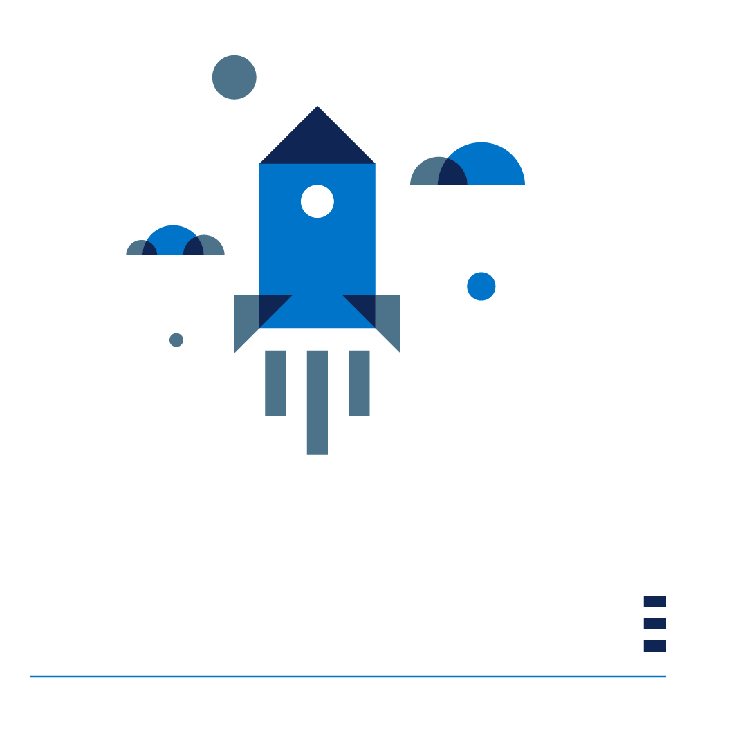 Minimalist illustration of a blue rocket launching upward with smoke trails, surrounded by small blue clouds and circles on a white background. Three horizontal blue lines appear in the lower right corner.