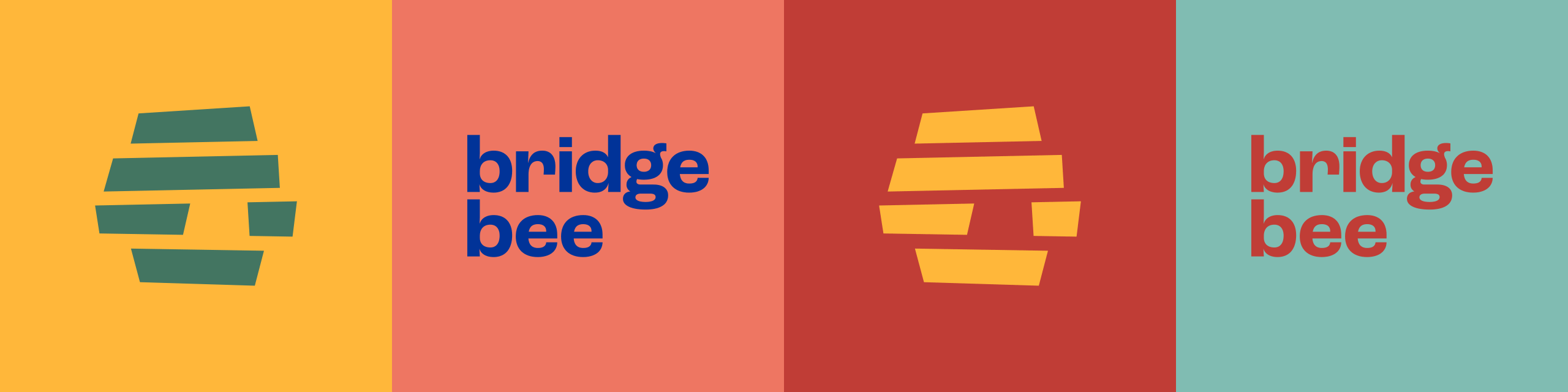 A graphic split into four vertical sections, each showing a stylized green or yellow beehive icon with the words bridge bee in blue or red, set against different colored backgrounds: yellow, coral, red, and teal.