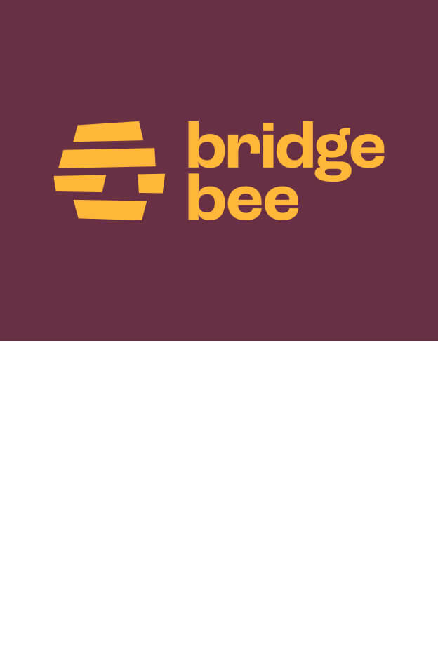 Bridge Bee logo with a stylized yellow beehive design and the words bridge bee in yellow, set against a maroon background. The lower half of the image is white.
