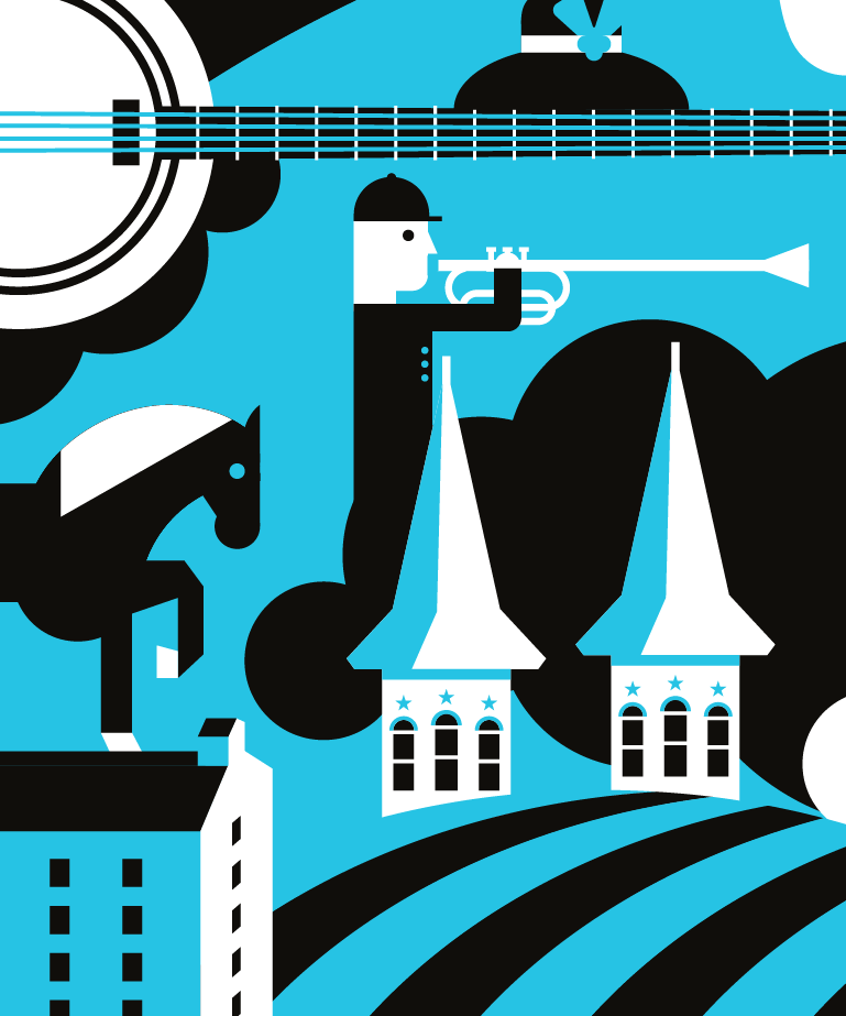 Stylized illustration featuring a trumpet player, church steeples, a banjo, a horse, and a racetrack, using bold black, white, and blue shapes in a graphic, abstract style.