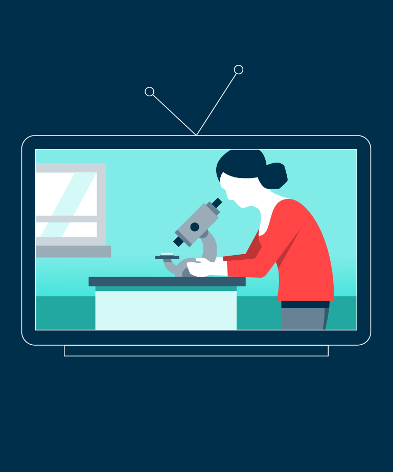 Illustration of a woman in a red top looking through a microscope in a lab, displayed on a television screen with antennae, set against a blue background.
