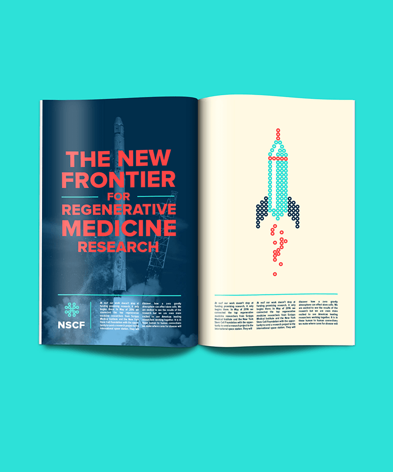 An open magazine on a teal background shows a rocket launch on the left with the text The New Frontier for Regenerative Medicine Research. The right page features a pixel art rocket with red dots trailing beneath.