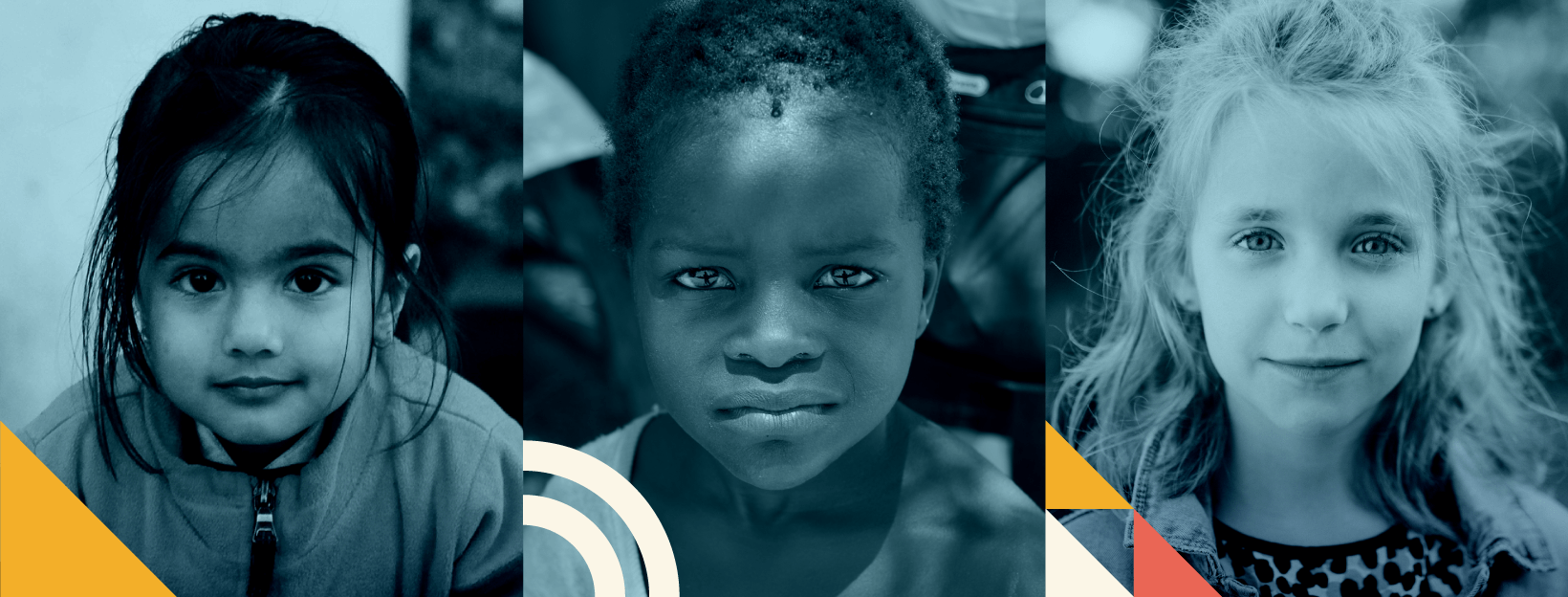 A collage of three children of different ethnicities looking directly into the camera, each framed separately with abstract geometric shapes at the corners.