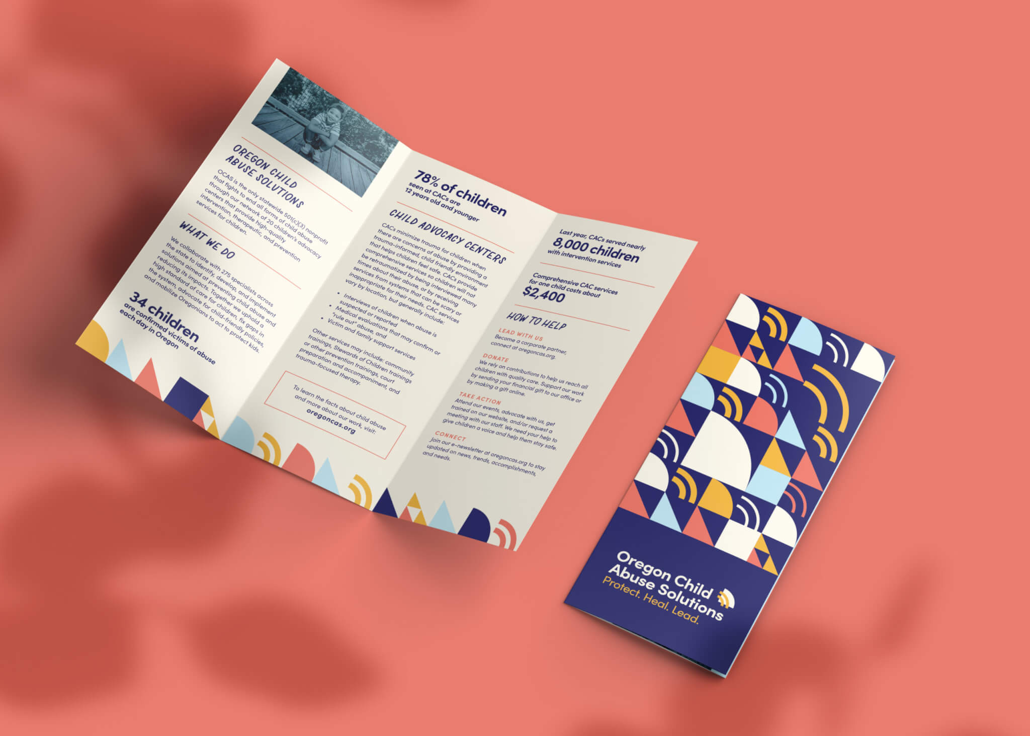 A colorful trifold brochure for Oregon Child Abuse Solutions is shown open and closed on a pink background, featuring abstract geometric patterns and information about child abuse in Oregon.