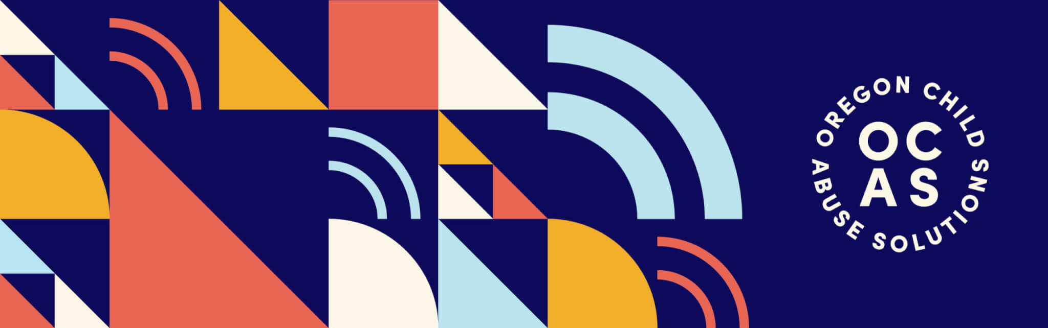 Abstract geometric shapes in blue, orange, yellow, and white are arranged on a dark blue background. On the right, white text in a circle reads Oregon Child Abuse Solutions OCAS. Curved lines suggest sound waves.