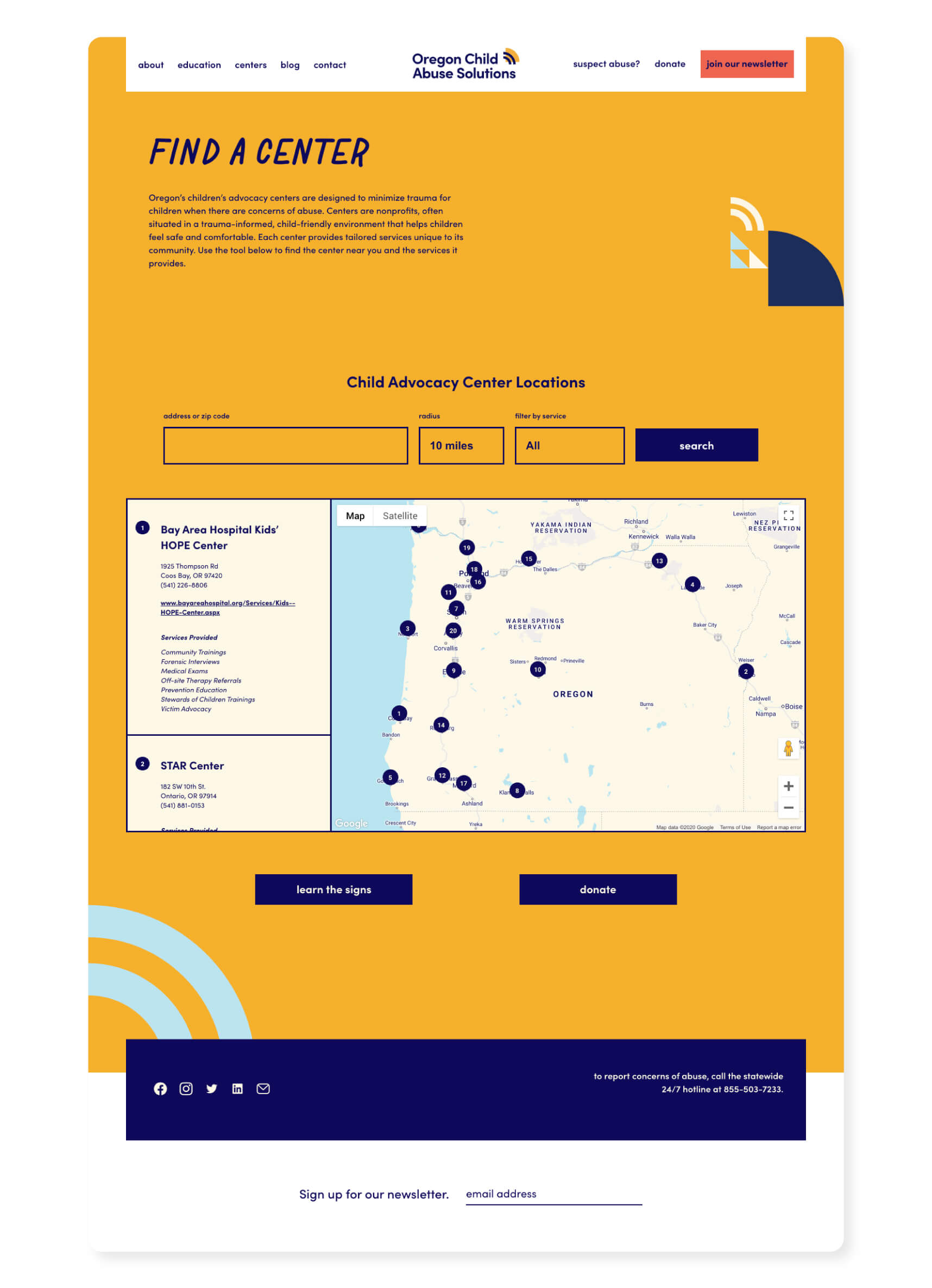 Screenshot of a website page for Oregon Child Abuse Solutions, showing a search tool and interactive map to find child advocacy centers across Oregon, with options to filter by location and type.