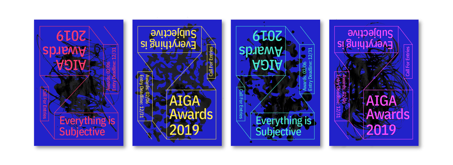 Four posters read “AIGA Awards 2019” and “Everything is Subjective” in various orientations, featuring bold colors, abstract black ink splatters, geometric lines, and a blue background.