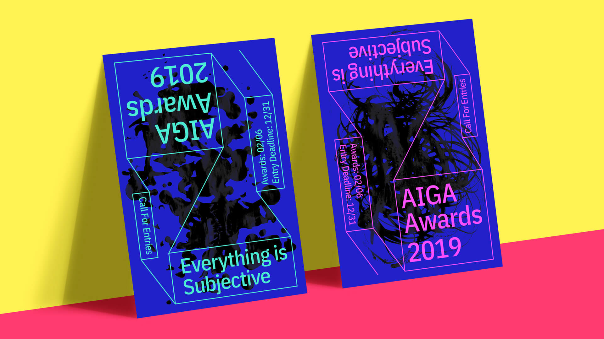 Two vibrant posters for the AIGA Awards 2019, each with bold texts like Everything is Subjective and Call for Entries, featuring abstract black ink designs on blue and purple backgrounds.