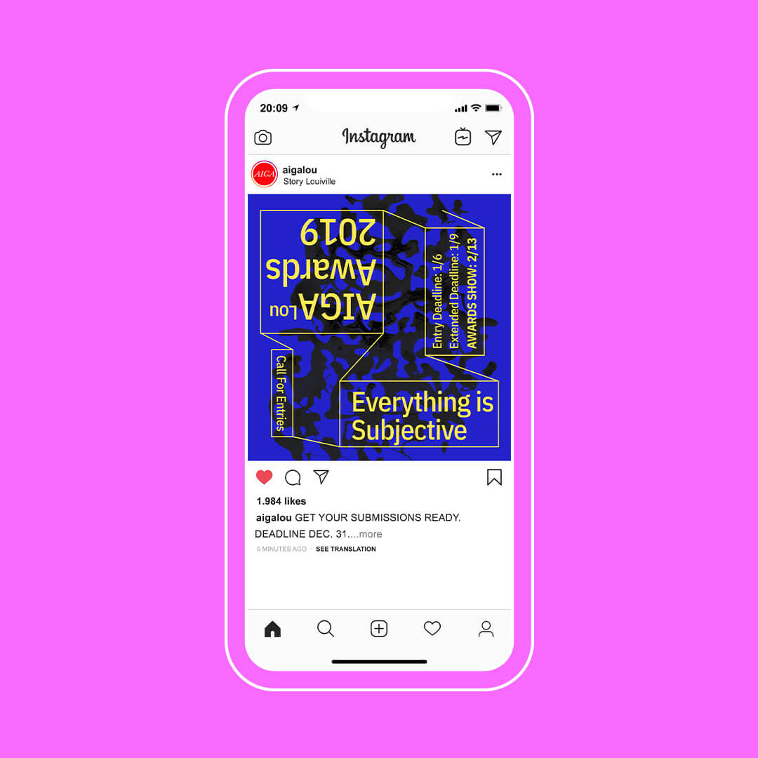 A smartphone displays an Instagram post with a blue and yellow graphic for AIGA Lou Awards 2019, featuring the text Everything is Subjective and submission deadline details, on a bright pink background.