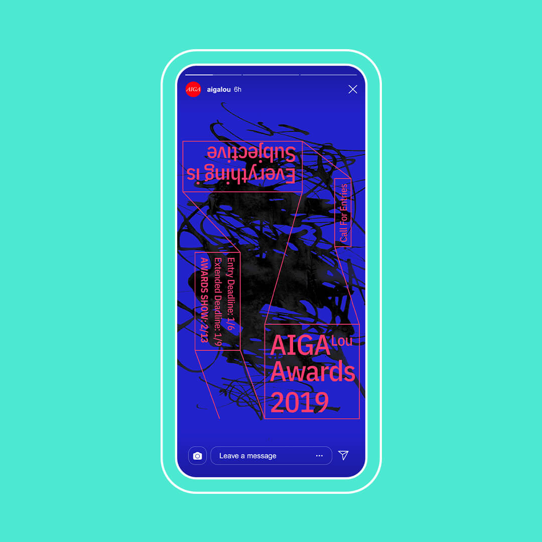 A smartphone screen displays a bold blue and black abstract graphic with red text reading AIGA Lou Awards 2019 and Everything is subjective in both upright and upside-down orientations.