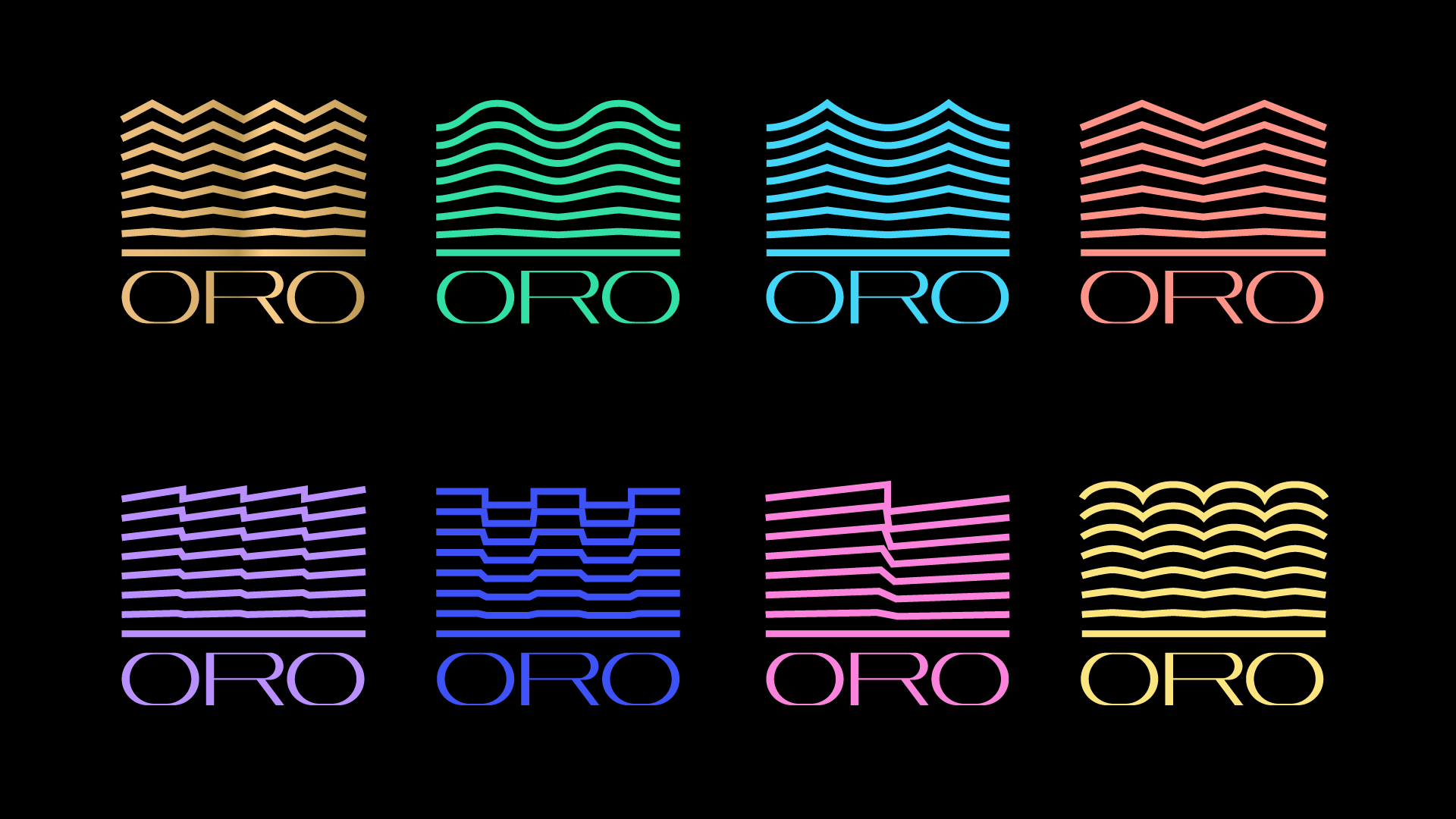 Eight colorful abstract wave icons, each above the word ORO in matching colors, are arranged in two rows on a black background. Each icon features lines with different wave or zigzag patterns.