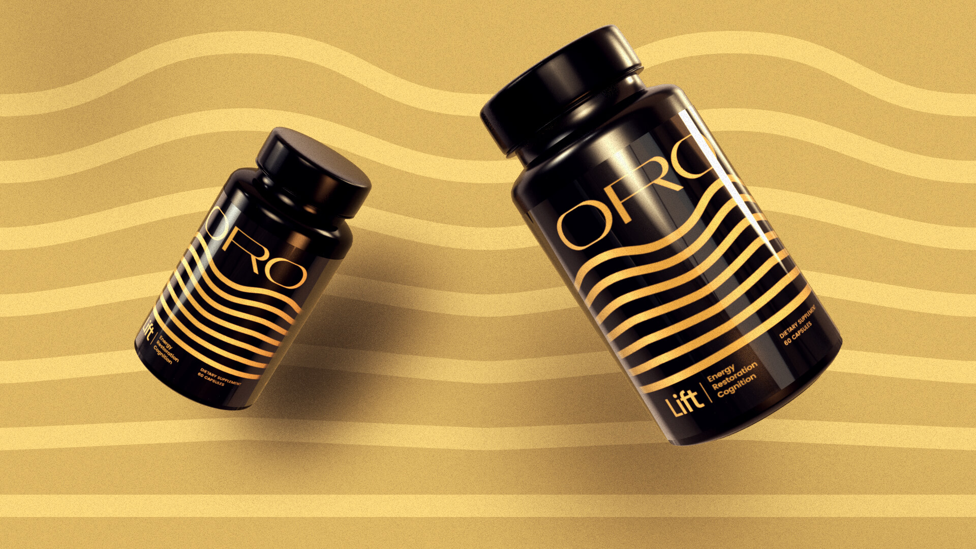 Two black bottles labeled ORO Lift with gold wave designs float against a gold background with wavy lines, suggesting a premium health or supplement product.