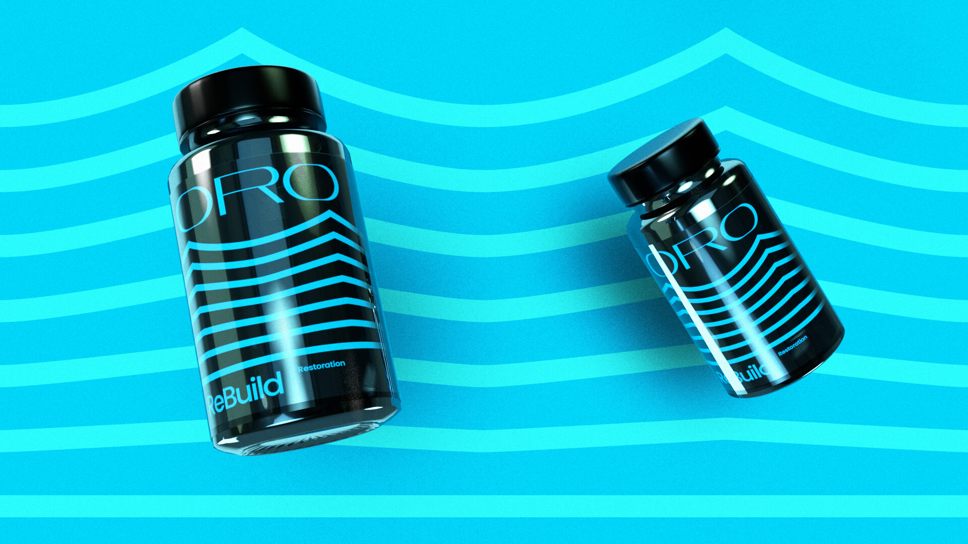 Two black supplement bottles labeled ORO with blue and white geometric wave designs are displayed against a blue background with similar wave patterns. The bottles are tilted at different angles.
