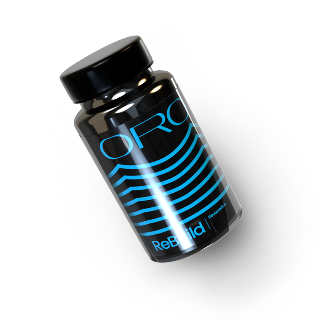 A black bottle labeled ORO ReBuild with blue curved lines and a black cap is shown at an angle against a dark, textured background.