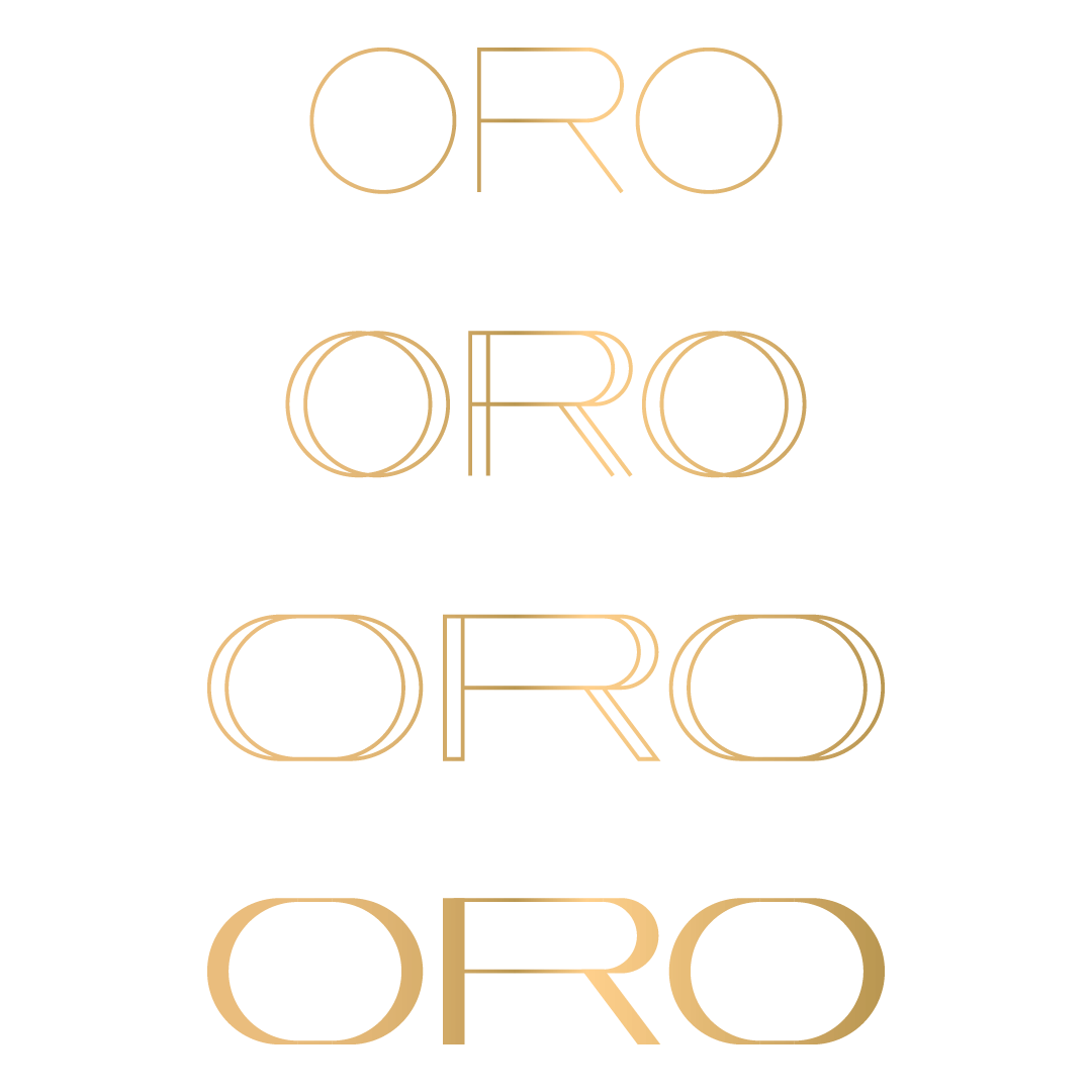 Four versions of the word ORO in gold gradient line and solid styles, arranged vertically on a white background, each design becoming gradually bolder from top to bottom.