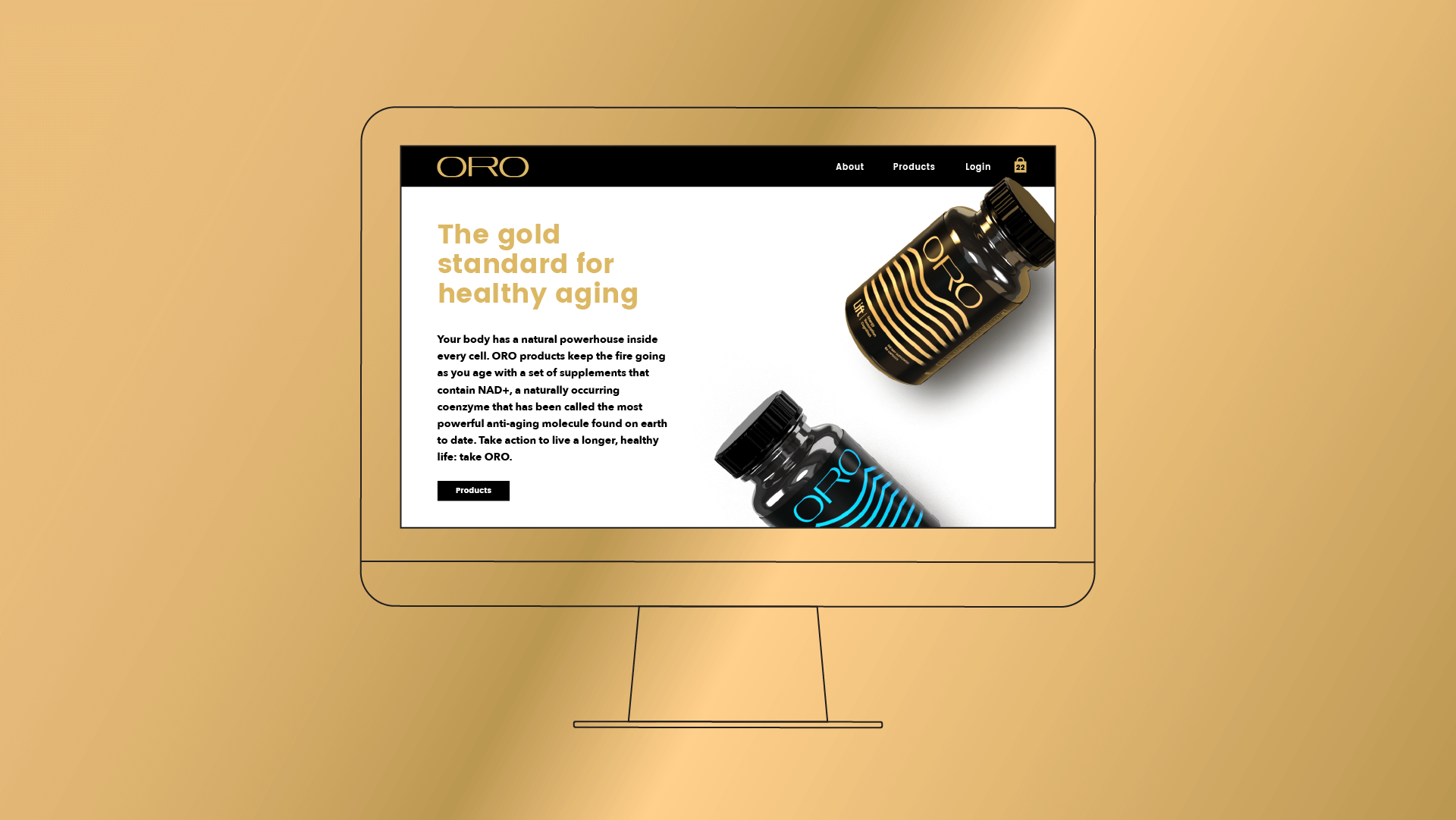 A computer monitor displays a website for ORO, featuring two black supplement bottles with gold and blue designs, and text promoting The gold standard for healthy aging on a gold gradient background.