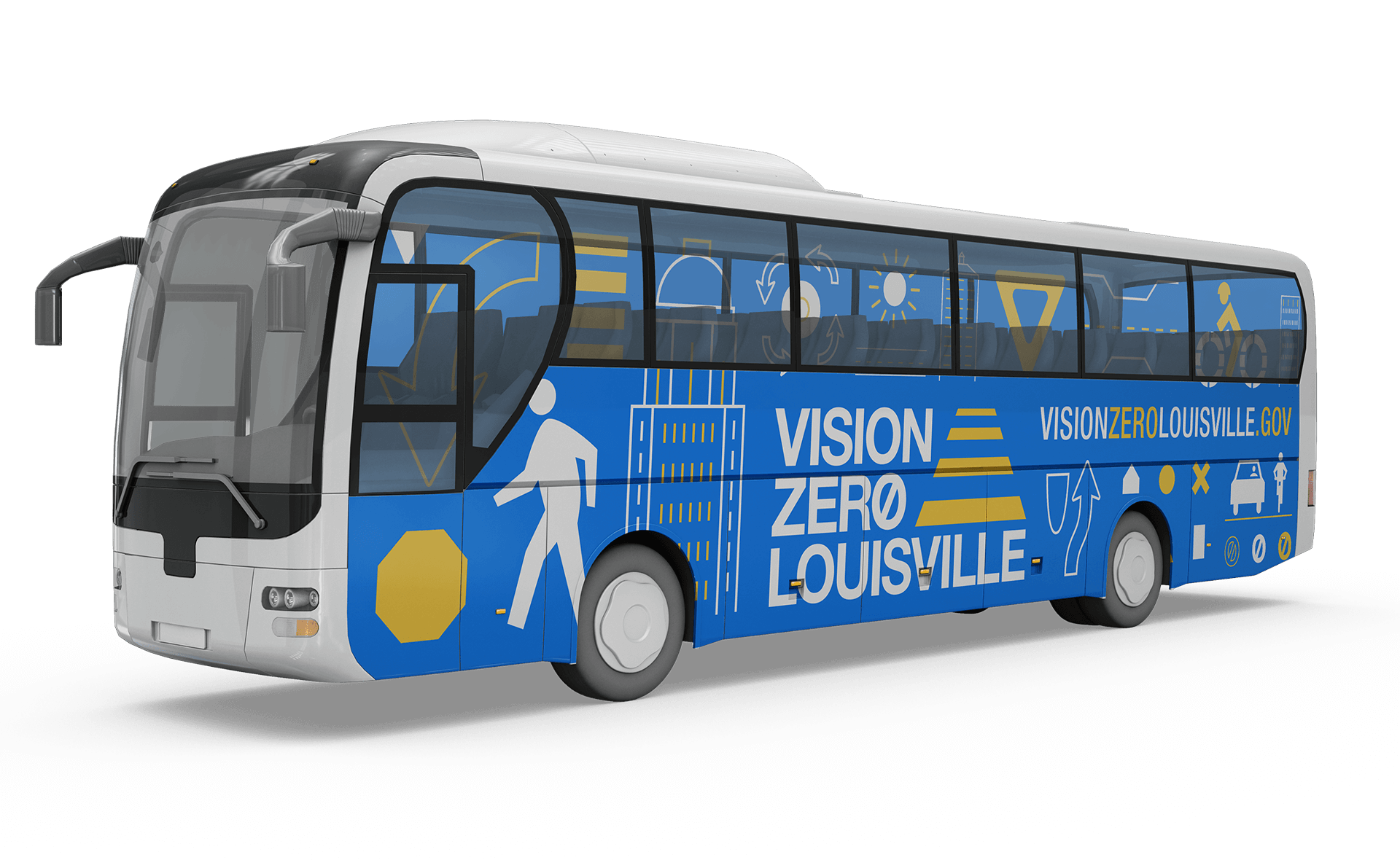 A blue and white bus with “VISION ZERO LOUISVILLE” and various safety icons displayed on the side, promoting the Vision Zero Louisville initiative. The website VISIONZEROLOUISVILLE.GOV is also visible.
