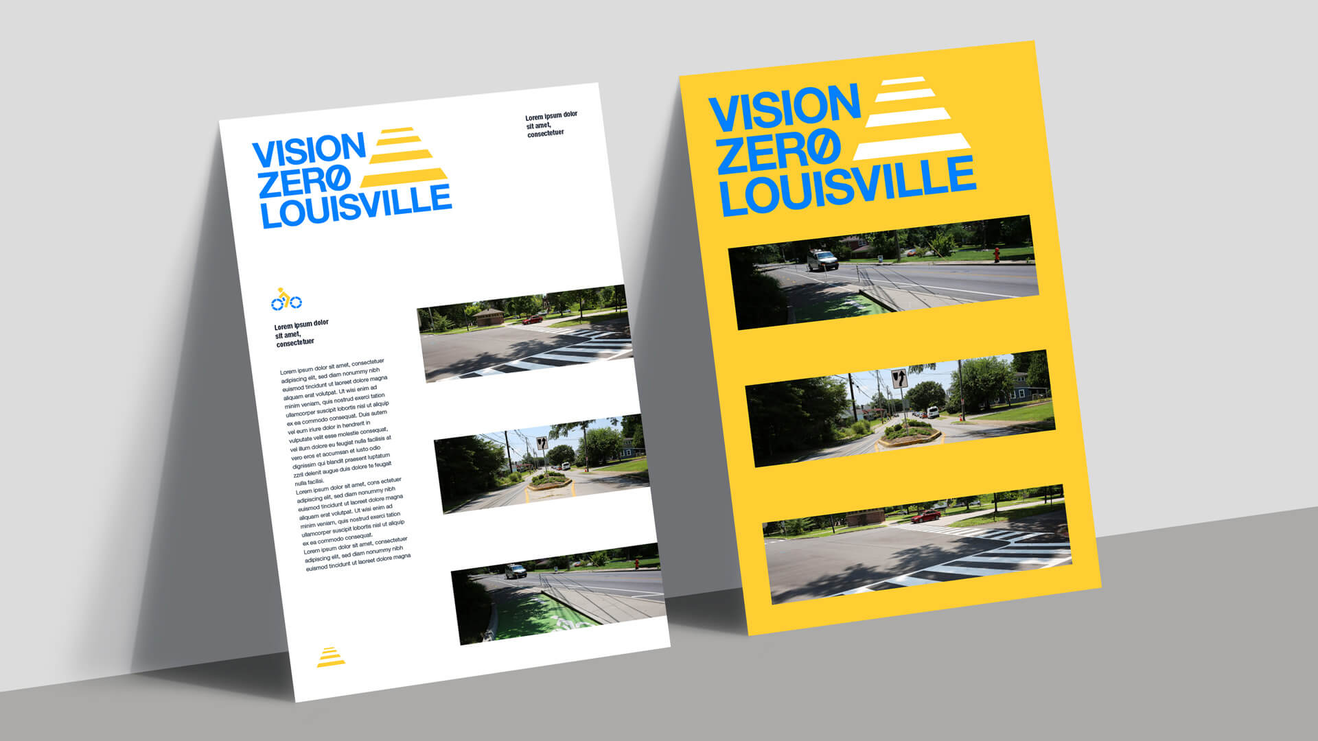 Two posters for Vision Zero Louisville displayed side by side. Both feature the title in bold blue and yellow text, with several landscape photos of city roads and crosswalks. One poster has a white background; the other is yellow.