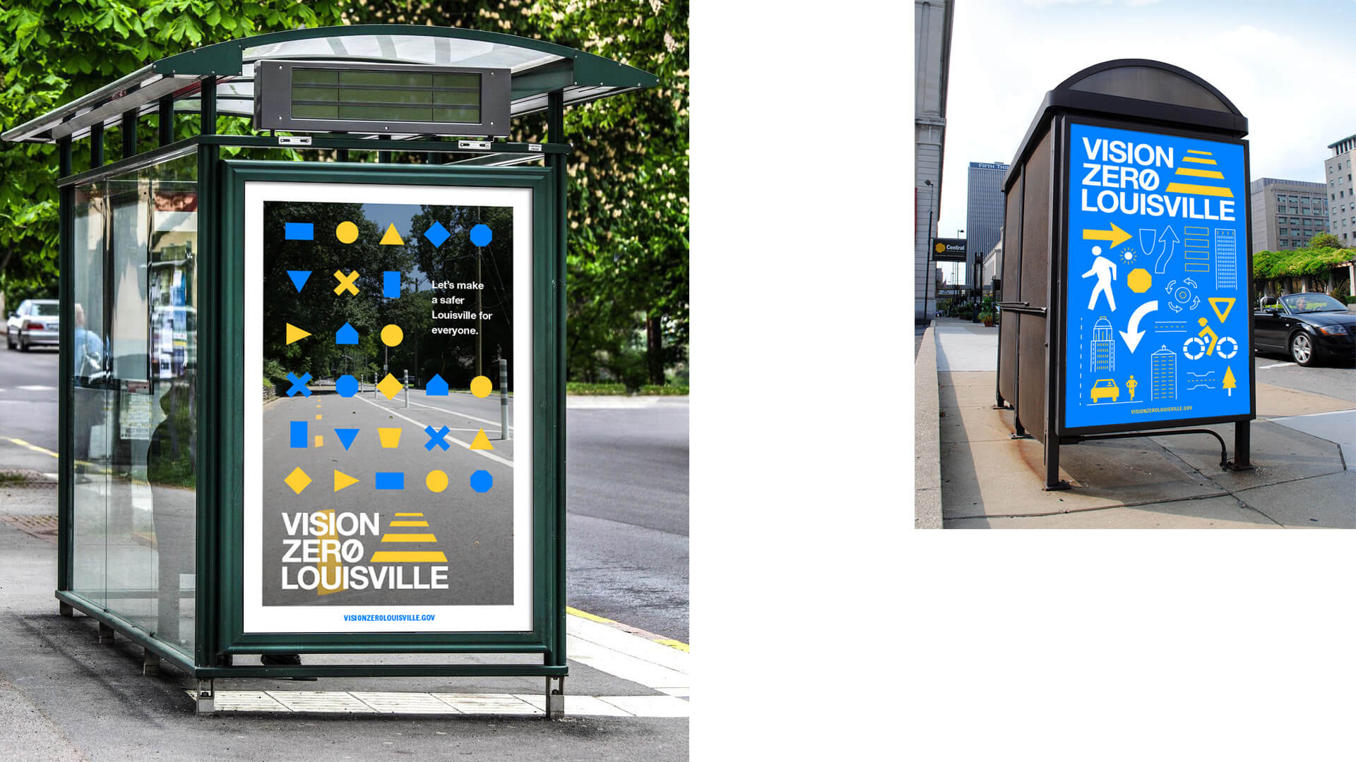 Two bus stops display bold Vision Zero Louisville ads with geometric shapes, icons, and bright blue and yellow colors, promoting safer streets in an urban setting.