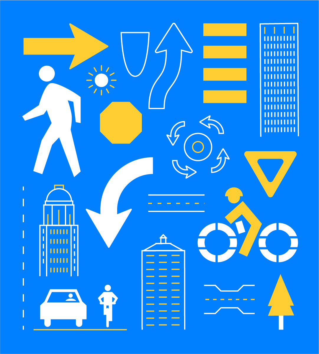 A graphic with yellow and white road signs, arrows, people walking and biking, cars, buildings, and street symbols on a blue background, representing various urban traffic and city elements.