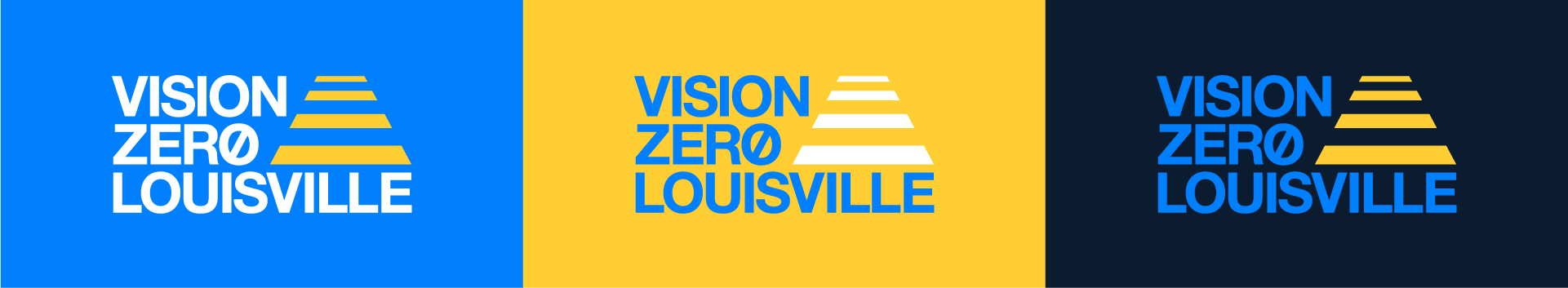 Three versions of the Vision Zero Louisville logo, each with stylized text and a crosswalk graphic, shown on blue, yellow, and dark backgrounds with contrasting blue, yellow, and white colors.