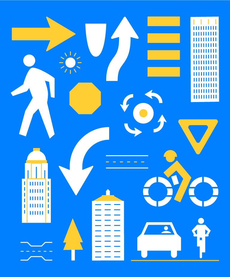 A collage of traffic and city symbols on a blue background, including arrows, buildings, road signs, a sun, a tree, a car, a pedestrian, a cyclist, and roadway markings in white and yellow.