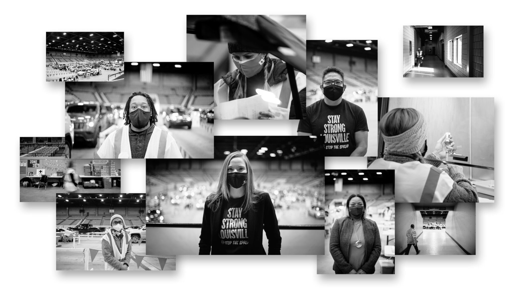 A collage of black-and-white photos shows people at a large indoor vaccination site wearing masks, medical staff preparing vaccines, and signs encouraging strength and resilience, with socially distanced setups visible.