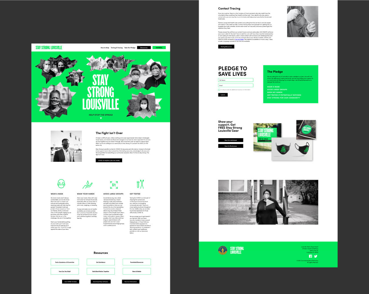 Two web pages with a green, black, and white color scheme promoting COVID-19 safety. The left page features “Stay Strong Louisville” with photos of people in masks; the right highlights a safety pledge and related information.
