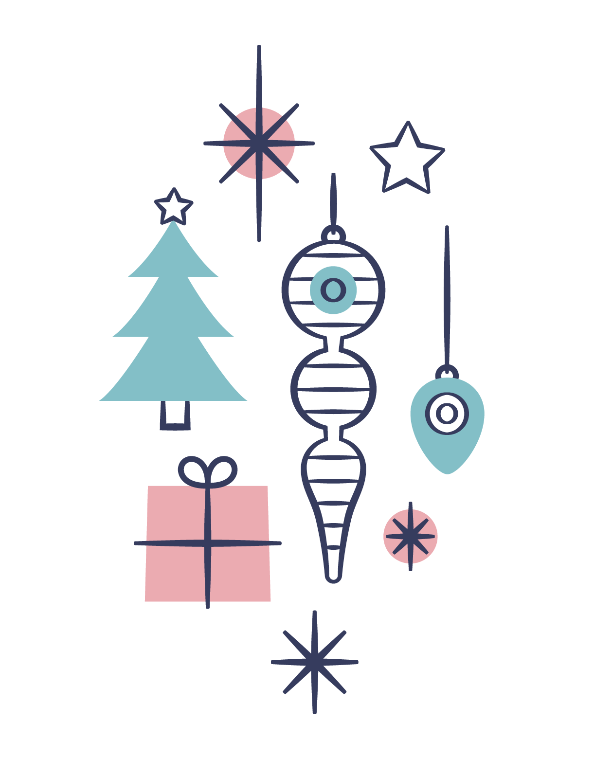 Minimalist Christmas-themed illustration featuring a blue tree, two ornaments, stars, a pink gift box with a bow, and decorative starbursts, all in simple line art on a white background.