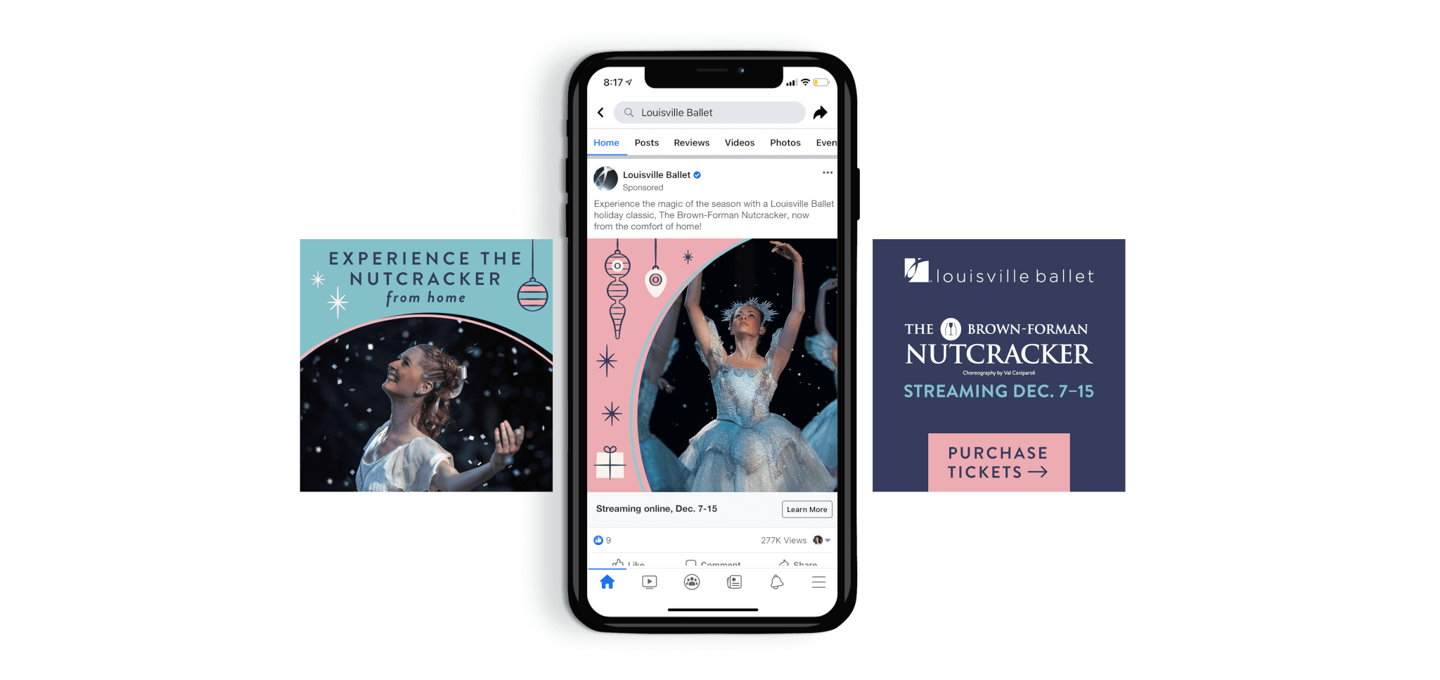 A phone displays a ballet dancer in costume on a social media post for The Nutcracker. Surrounding the phone are promotional graphics for Louisville Ballet’s online Nutcracker performance and a Purchase Tickets button.