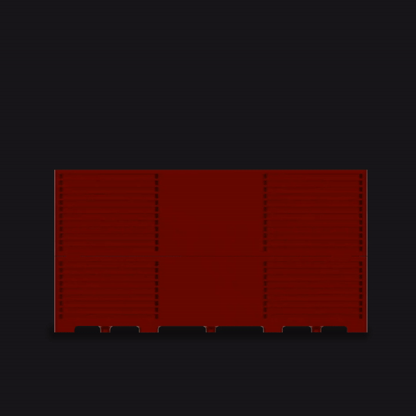 A large, flat, dark red shipping pallet sits centered against a plain black background.
