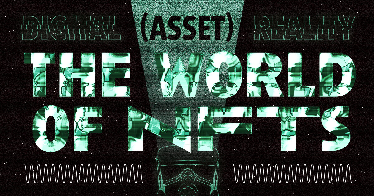 Text in green and white reads: DIGITAL (ASSET) REALITY THE WORLD OF NFTS over a dark background with stars. A stylized virtual reality headset is at the bottom, emitting a light beam upward.
