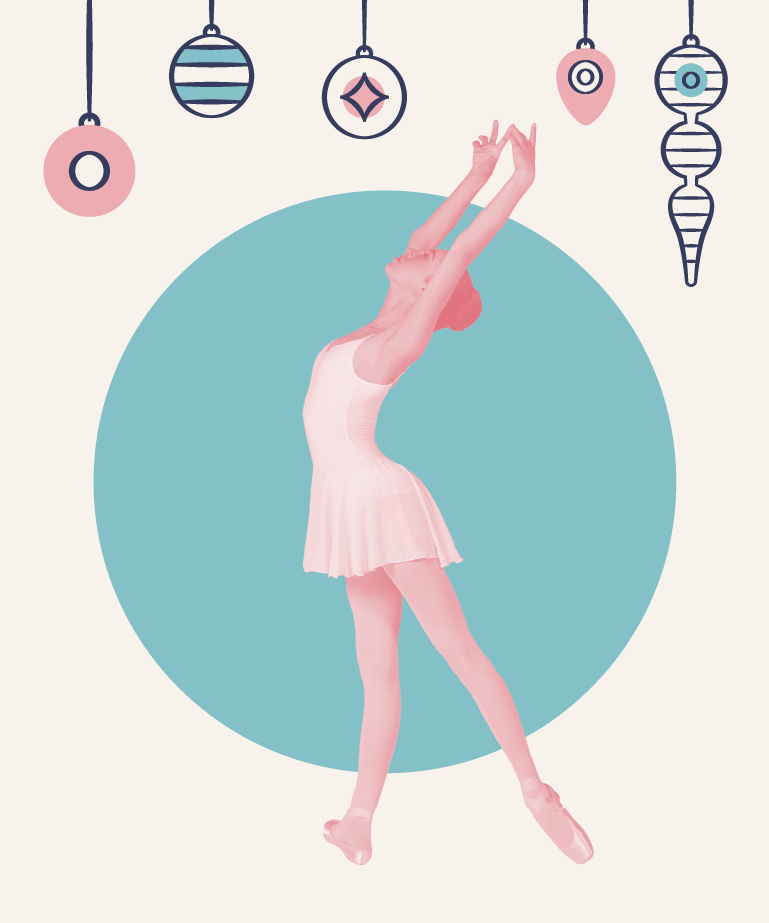 A ballerina in a white costume poses on pointe with arms raised gracefully, set against a blue circle. Above her, five stylized ornaments hang in a row on a light background.