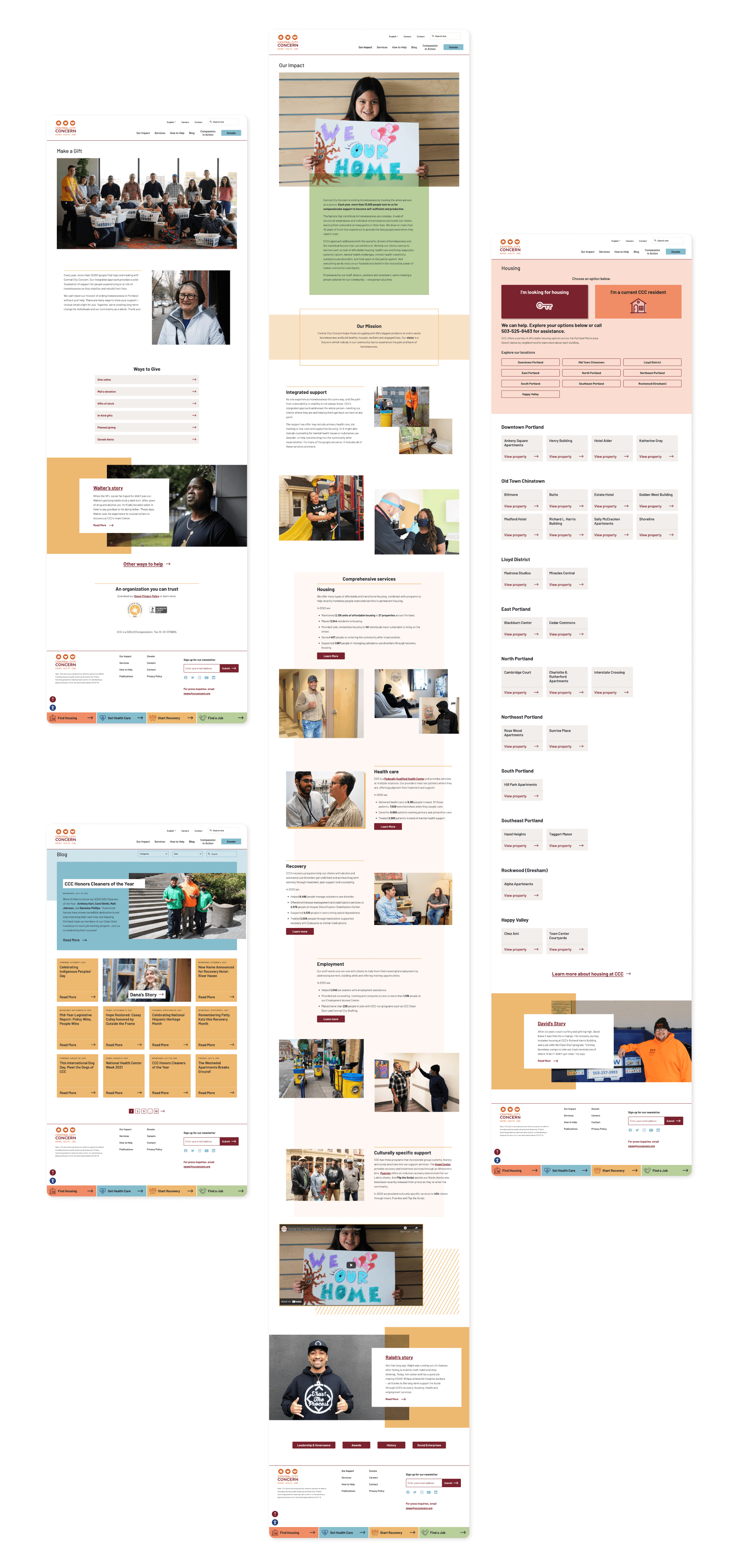 Four long webpage screenshots display various sections with photos of people, blocks of text, navigation menus, colorful backgrounds, and call-to-action buttons for a nonprofit or social service organization’s website.