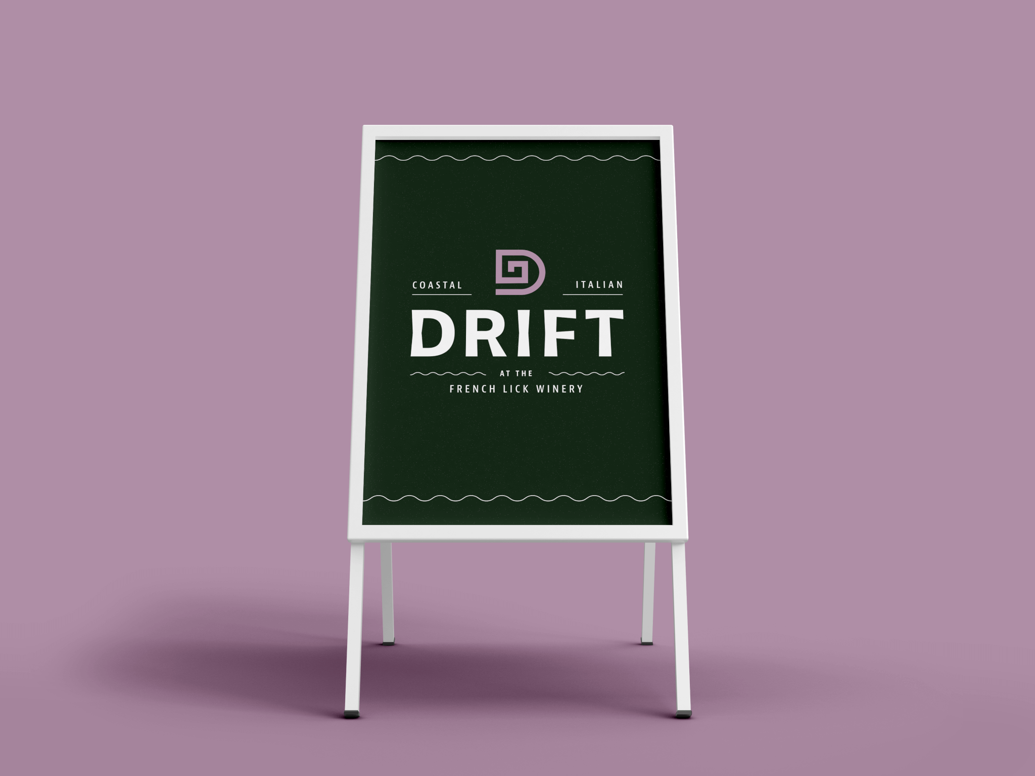 A black sandwich board with white frame displays the logo and text: Coastal Italian Drift at the French Lick Winery on a purple background.