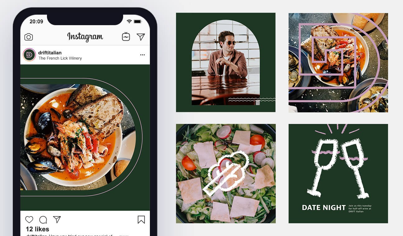A collage with a smartphone showing a food photo on Instagram, a man sitting at a café, a salad, a seafood dish, and an illustrated Date Night graphic with two clinking wine glasses.