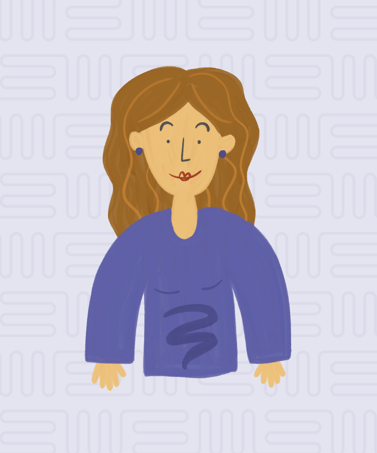 A drawing of a smiling person with wavy brown hair, wearing a blue long-sleeved top and blue earrings, on a light patterned background.