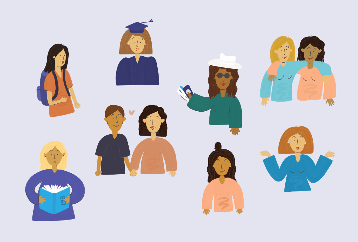 Illustration of diverse people, including a student with a backpack, a graduate in a cap, friends taking a selfie, a person reading, two people holding hands, and others interacting or posing.