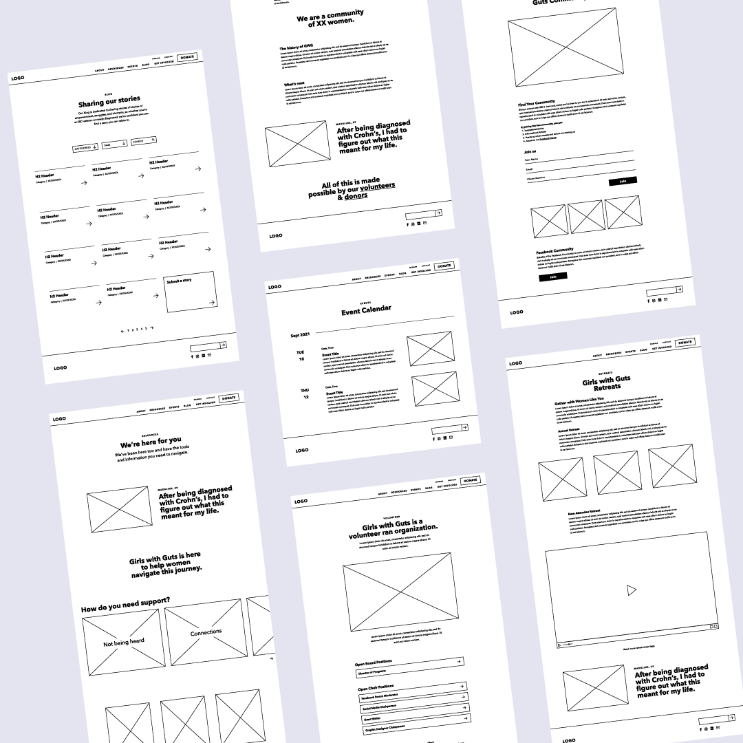 A collage of seven grayscale website wireframe mockups, each displaying various layouts for menus, text blocks, image placeholders, buttons, forms, and event calendars, arranged on a light background.